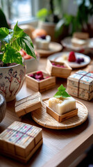 Soft dessert with green leaf on top in wooden box on table with potted plant and gift boxes, cozy and inviting atmosphere