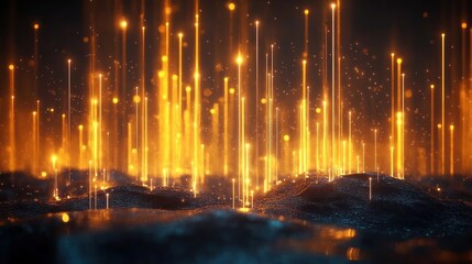 Glowing golden vertical light beams rising from a dark textured surface creating a futuristic and magical atmosphere
