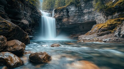 Crystal-clear waterfall cascading down a rocky mountain.