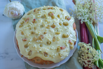sweet home made elderflower rhubarb cake