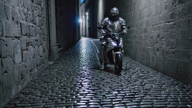 Chevalier en armure conduisant un scooter dans une ruelle pav&eacute;e de nuit

