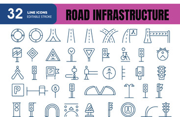 Road Infrastructure Line Icons Set – Highway, Bridge, Traffic, Construction, Editable Stroke Vector Illustration