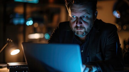 Fototapeta premium Cybercrime concept, hacker in a dark room with a laptop