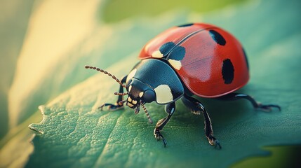 Naklejka premium Ladybug on leaf, close-up, sunlit