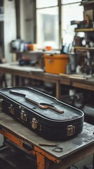 A mockup of a branded instrument case mold, placed on a workbench