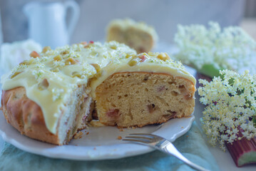sweet home made elderflower rhubarb cake
