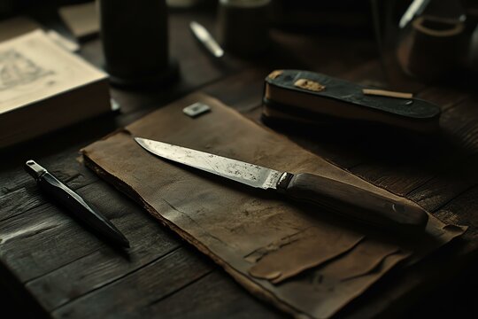 A realistic leather skiver mockup with a sharp blade, placed on a craft desk