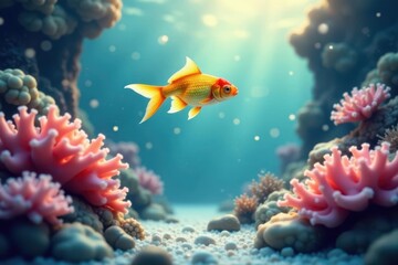 A vibrant underwater scene featuring a single goldfish swimming gracefully amidst a lush coral reef, bathed in sunlight filtering through the water's surface