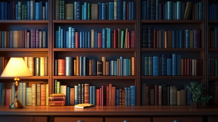 Library Bookshelves at Night, Calm Study Space,  Possible Use Stock Photo