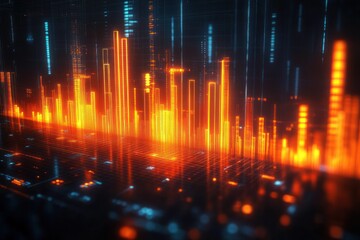 Bright orange digital bar graph with fluctuating vertical bars on a dark futuristic grid background representing data analysis and high-tech visualization