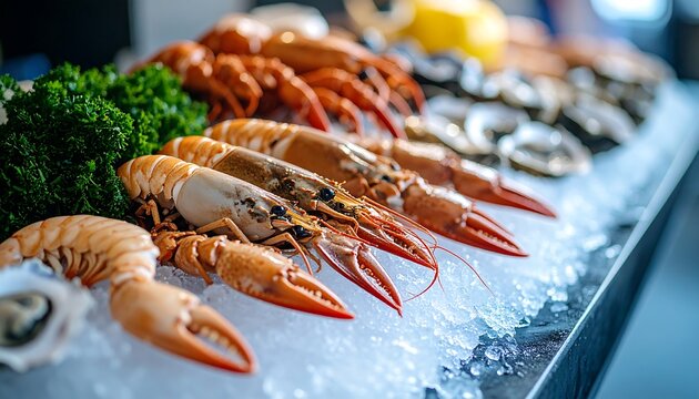 Fresh Seafood Display Delicious Langoustines and Oysters on Ice