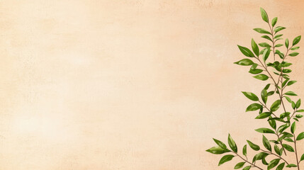 Lush green leaves of a vibrant plant against a subdued pale peach illustrated background creating a serene atmosphere