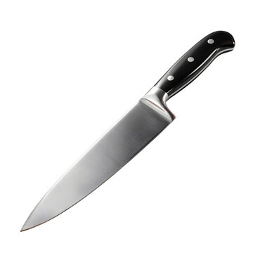 Kitchen knife with metallic blade and black handle isolated on white background great for cooking tool presentations kitchen ads or culinary visuals showing sharp clean knife design