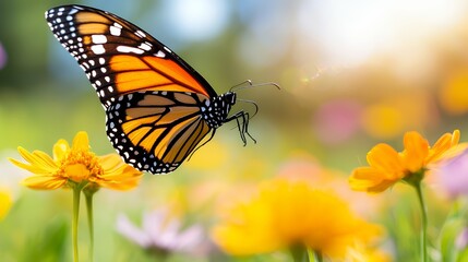 Fototapeta premium Monarch Butterfly Flying Over Yellow Flowers