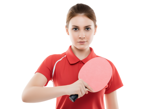  female ping pong player in red shirt holding  paddle isolated on white background