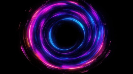 Abstract digital swirling vortex made of vibrant blue and pink neon light streaks on a black background conveying motion and energy