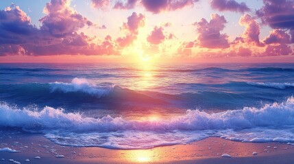 A vibrant sunset over a serene ocean shore