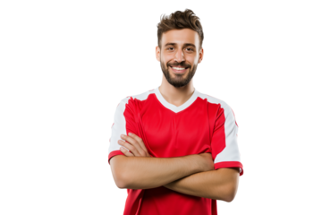  confident soccer player in red jersey with arms crossed isolated on white background