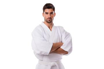 confident man in martial arts uniform stands with arms crossed isolated on white background