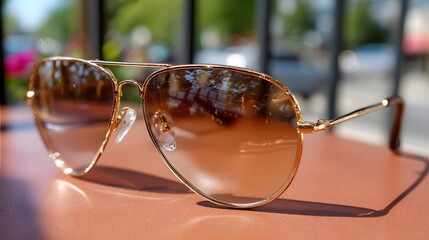 A pair of aviator sunglasses with reflective lenses sit on a table, partially blocking the view of the outdoor scenery behind them.