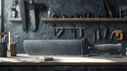 A mockup of a branded wood jewelry saw, placed on a workbench