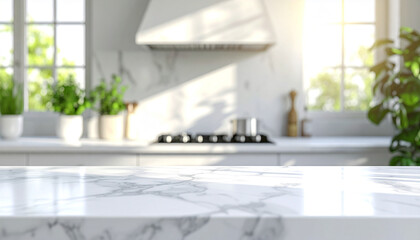 Modern clean kitchen counter with marble surface for food display and meal preparation

