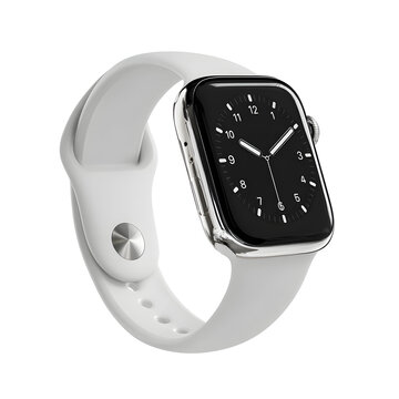 White Apple Watch with black digital face isolated on white background ideal for smartwatch advertising tech product visuals or wearable technology presentations with clean look