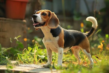 happy beagle standing on grass in a sunlit garden with blurred background
