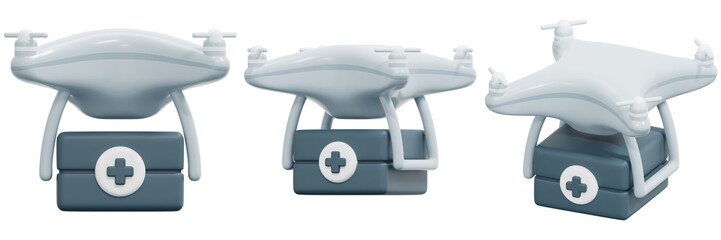 Set of Renderings of a White Medical Drone Carrying a First Aid Kit 3d Render Icon Illustration