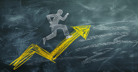 Chalk drawing of a man running on a yellow upward pointing arrow