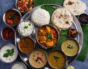Indian vegetarian thali style dishes, platter and small dishes, banana leaf thali