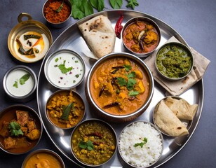 Indian vegetarian thali style dishes, platter and small dishes, banana leaf thali