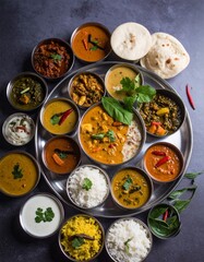 Indian vegetarian thali style dishes, platter and small dishes, banana leaf thali