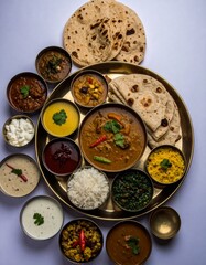 Indian vegetarian thali style dishes, platter and small dishes, banana leaf thali