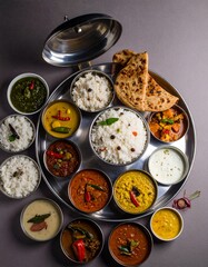 Indian vegetarian thali style dishes, platter and small dishes, banana leaf thali