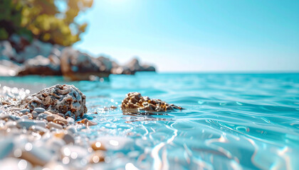 Beautiful shining colorful pebbles under clear turquoise water, background or texture
