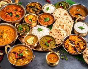 Indian vegetarian thali style dishes, platter and small dishes, banana leaf thali