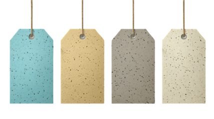 Four textured paper tags in blue, gold, gray, and beige hanging with brown string against a solid transparent background