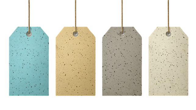 Four textured paper tags in blue, gold, gray, and beige hanging with brown string against a solid transparent background - Powered by Adobe