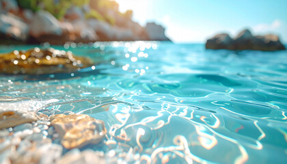 Macro shot of smooth river stones in crystal clear water with sunlight reflections, natural texture and tranquil atmosphere

