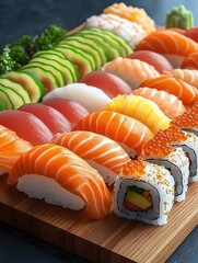 Close-up of assorted fresh sushi on a wooden board with different types of nigiri, avocado rolls, and sushi rolls topped with fish roe