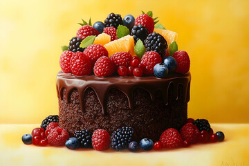 Delicious chocolate cake adorned with a vibrant array of fresh berries and citrus fruits.