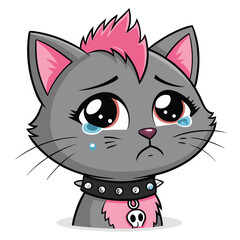 A grayscale image of a distressed, crying cat wearing a studded punk collar and dramatic eyeliner.  Show detailed fur texture and emotive eyes.