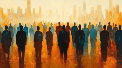 group of silhouetted figures standing and walking in a cityscape with warm orange and cool blue tones conveying a sense of anonymity and urban life