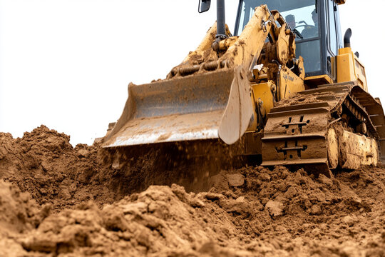 Bulldozer moving dirt on construction site as workers prepare land for new development