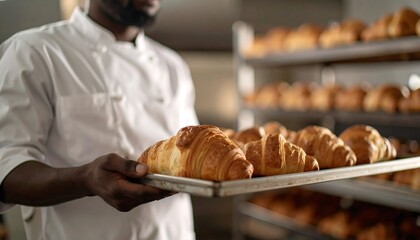 Baker Holding Tray of Freshly Baked Golden Croissants in a Bakery