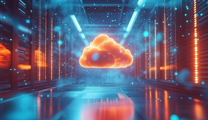 Cloud computing in a server room.  Dynamic, futuristic server space with a large, fiery cloud icon