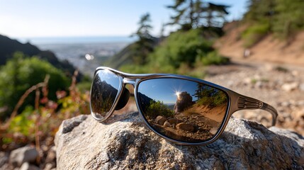 Sunglasses reflect a mountain scene with a trail, trees, and distant city. The glasses rest on a rock outdoors on a sunny day.