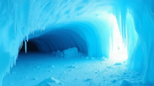 blue ice cave covered with snow and flooded with light