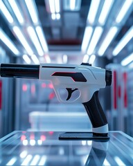 A realistic mockup of a branded spray gun, placed on a car painting booth